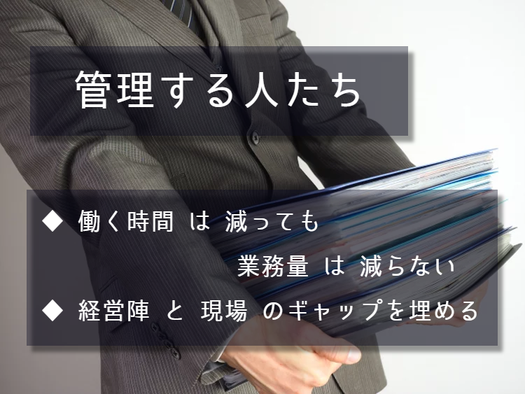 管理する人たち。36協定によって働く時間は減っても、業務量が減るとは限りません。そこで割りを食うのは大概に管理職の人です。「管理職」と言えば聞こえも良いでしょうが、実態はサービス残業の温床にもなりやすい部署でしょう。