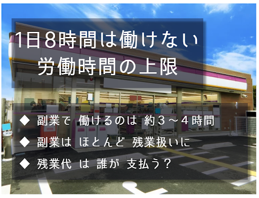 1日8時間は働けない。労働時間の上限。副業で働けるのは約3~4時間。副業はほとんど残業扱いになる。残業代は誰が支払う？